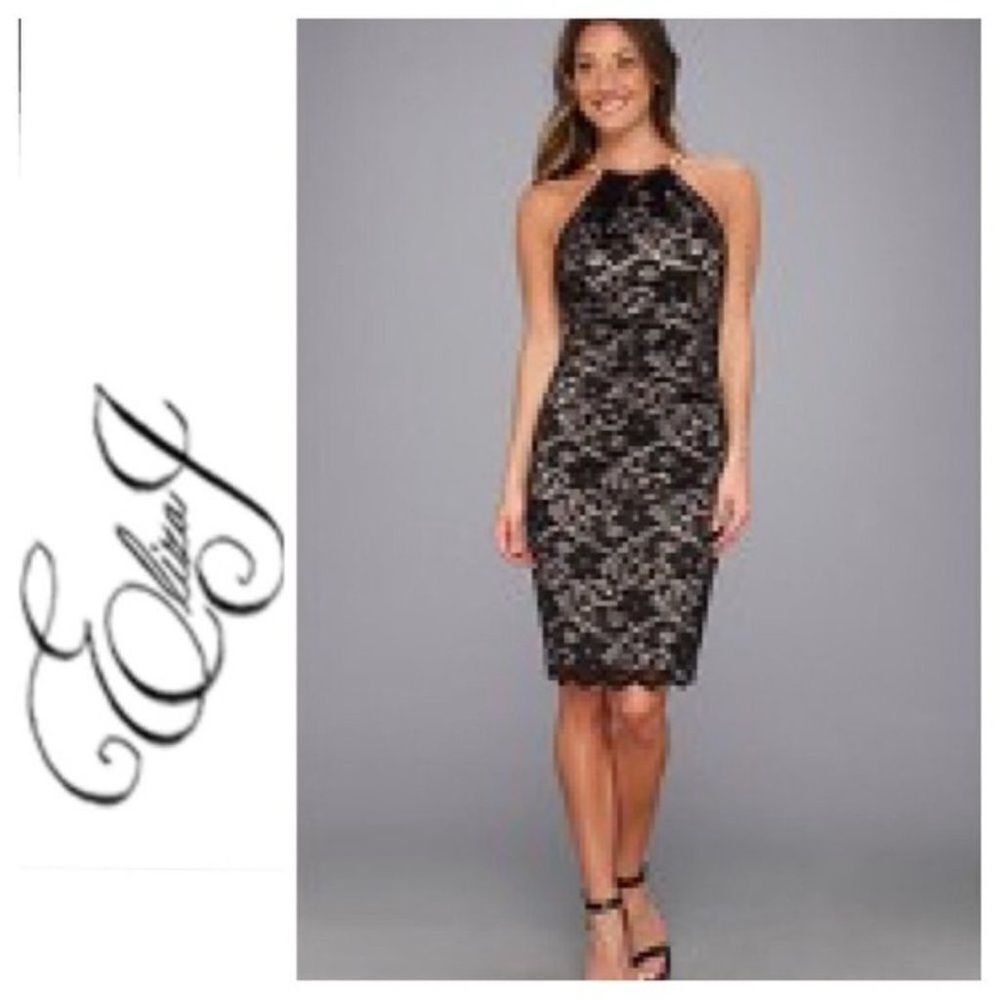 Eliza J Black Gold Lace Halter Sheath Dress Size 6 Metallic Cocktail Party Dress